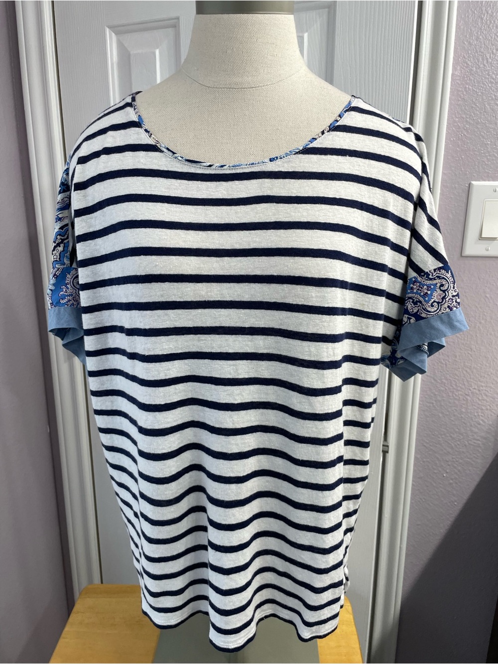 Chico's Linen Navy & White Striped & Paisley Short Sleeve Top Size XL Petite, 3P